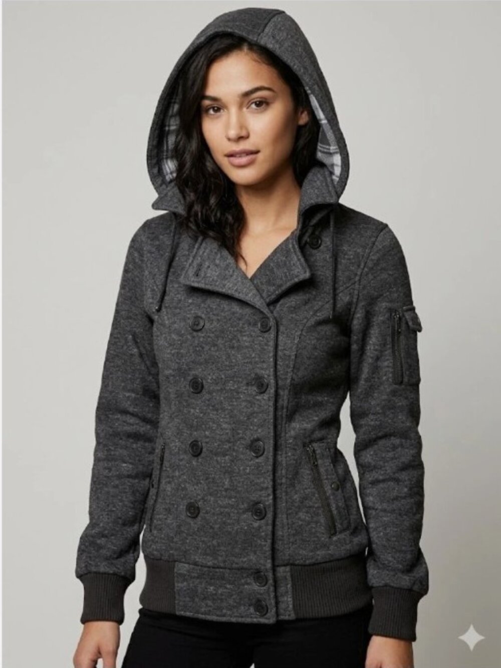 Charlotte Russe Hooded Sweater Jacket Button/Snap Front Black/Gray Womens XSmall